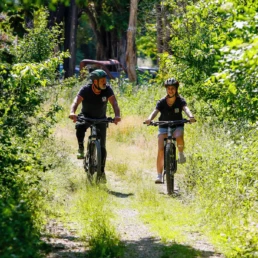 un uomo ed una donna in mountain bike in una stradina nel verde
